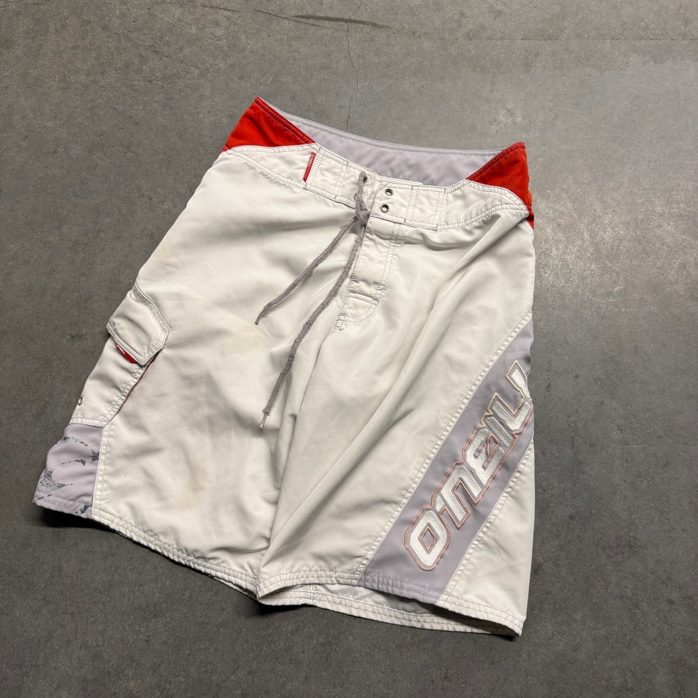 ONeill Mens Board Shorts Grey Red Colorblock Cargo Pocket Surf Trunks Size 30